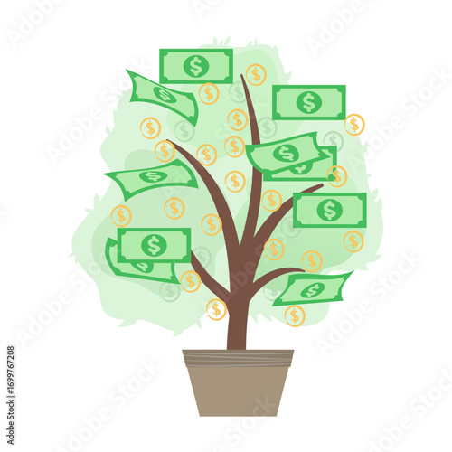 Illustration of tree in pot with dollar bills as leaves, symbol of wealth, savings, and investment growth.