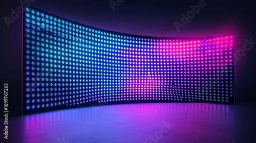 Colorful LED light wall display vibrant neon blue pink purple gradient lights glowing dark room