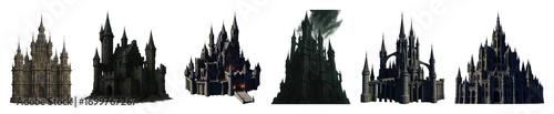 Fantasy castle set including various gothic, dark, and medieval fortresses isolated. Architectural elements for digital art and games.