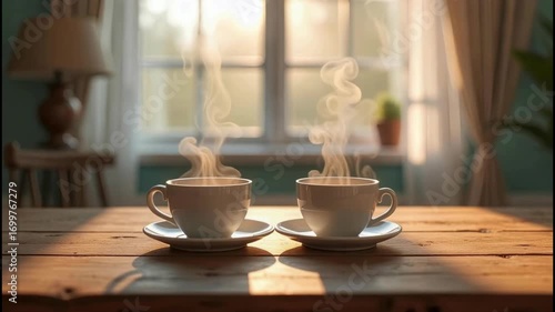 Wallpaper Mural Two cups of hot coffee or tea with rising steam on a wooden table in a cozy living room against the backdrop of a window bathed in sunlight. Torontodigital.ca