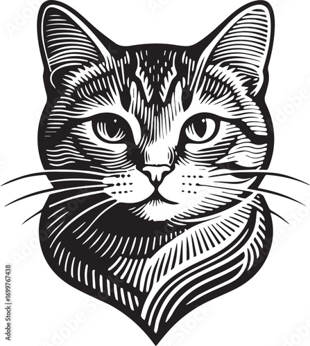 A striking black and white portrait of a tabby cat face in a vintage woodcut engraving style, ideal for a feline logo or pet emblem