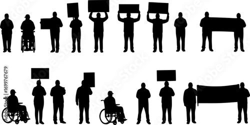 Silhouette of a group of people protesting with signs and wheelchairs in a public gathering space scene editable eps vectors

