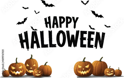 Happy halloween greeting with pumpkins and bats, set against a full moon, perfect for festive celebrations