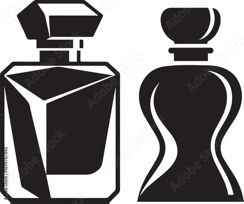 A set of two black and white vector icons featuring distinct perfume bottle designs, a modern geometric flacon and a classic curved silhouette for a unisex fragrance logo