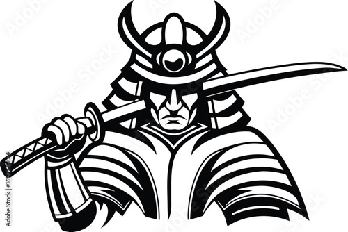 Isolated Samurai Warrior Holding Sword in Aggressive Stance on White