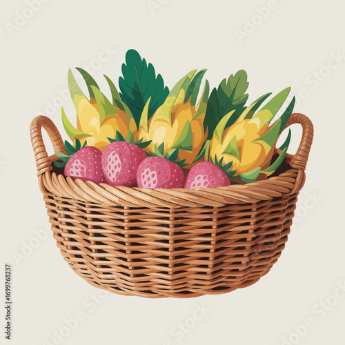 An enticing wicker basket filled with ripe pineapples and fresh strawberries captures the essence of a fruitful harvest, showcasing nature's abundance and vibrant colors.