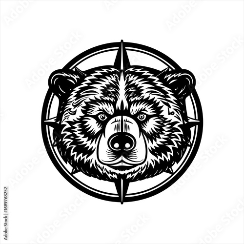 Fierce Bear Head Emblem with Compass Design.
