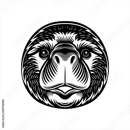 Stylized Black and White Sloth Face Emblem.