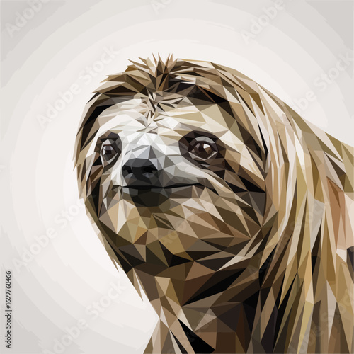 This artwork presents a sloth's face created with vibrant geometric shapes, embodying a playful and contemporary artistic style full of charm and whimsy.
