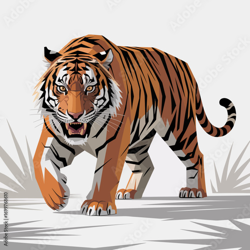This powerful image portrays a fierce tiger on the prowl, encapsulating majesty and strength in the wild, highlighting its role as a dominant predator in nature's ecosystem.