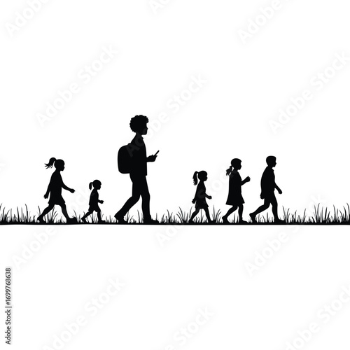 Adult and children silhouettes walking with backpacks and grass Keywords: silhouette, adult