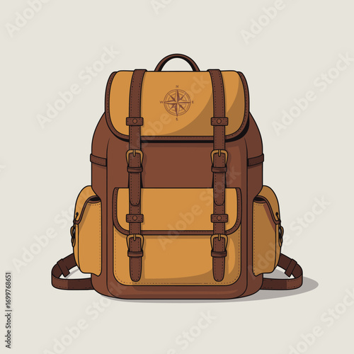 A beautifully designed brown and yellow backpack with a compass motif, perfect for adventurers looking to explore nature or urban landscapes in style.