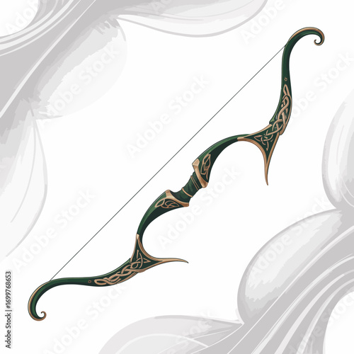 An elegantly designed bow features intricate carvings and a rich green color, symbolizing craftsmanship and artistry in weapon design, perfect for fantasy themes.