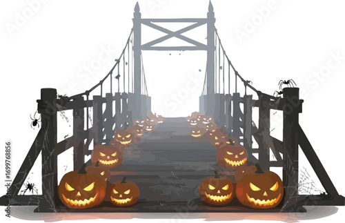 Eerie halloween bridge, adorned with glowing jackolanterns, casting a spooky ambiance for a hauntingly festive scene