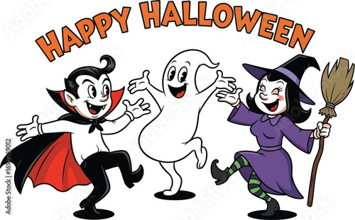 A cheerful halloween trio featuring a vampire, ghost, and witch dancing together, perfect for holiday fun and festivities