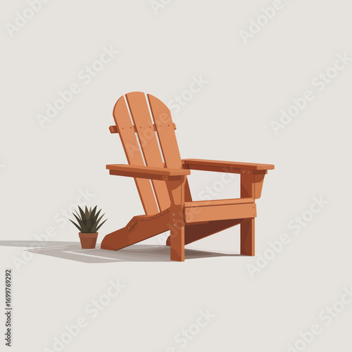 This minimalist image displays a classic Adirondack chair alongside a potted plant, representing relaxation and comfort, ideal for outdoor or home decor themes.