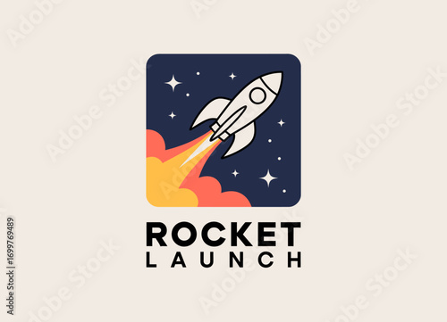The image captures a rocket launching with bright flames against a backdrop of stars, representing human achievement, technological advances, and the spirit of adventure.
