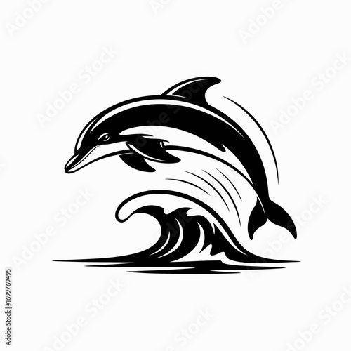 A stylized image of a dolphin gracefully jumping over ocean waves, capturing the essence of freedom and joy in the aquatic world, perfect for marine-themed projects.