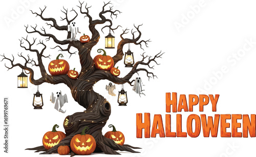 A festive happy halloween illustration, featuring a spooky tree adorned with pumpkins, ghosts, and lanterns for a spooky celebration