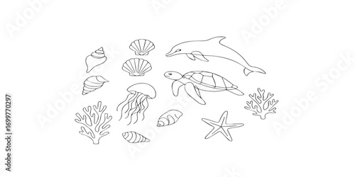 Print  Ocean Life Line Art Collection – whales, dolphins, turtles, seashells, corals, jellyfish, and starfish drawn in continuous thin line style.
