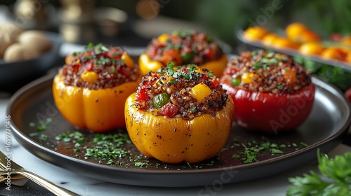 Beautifully plated dish of stuffed bell peppers filled with colorful vegetables and grains garnished with fresh herbs set on a stylish dining table with elegant cutlery and soft lighting