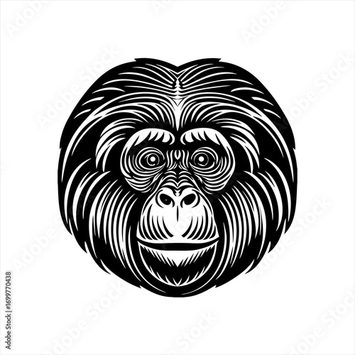 Stylized Black and White Orangutan Face Illustration.