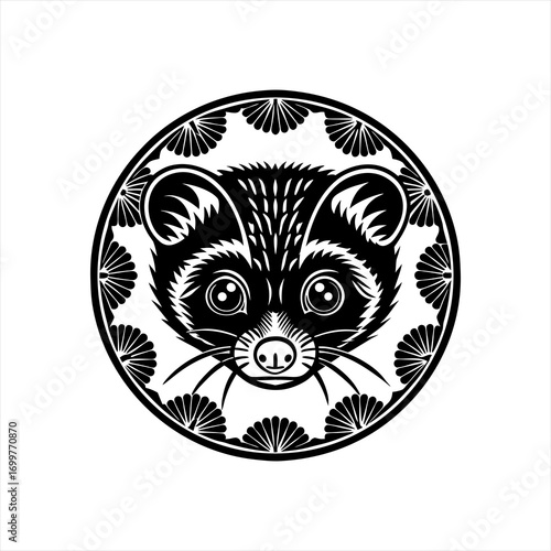 Stylized Raccoon Face Emblem in Circular Design.