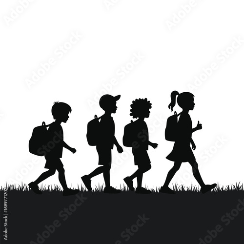 Children silhouettes walking with backpacks and thumbs up Keywords: children, kids, walking
