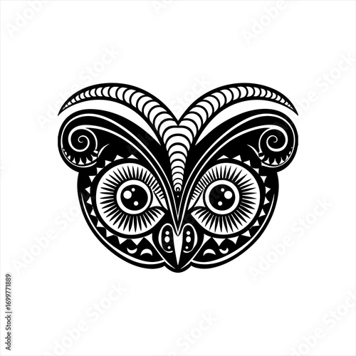Tribal Owl Face Tattoo Design Black and White.