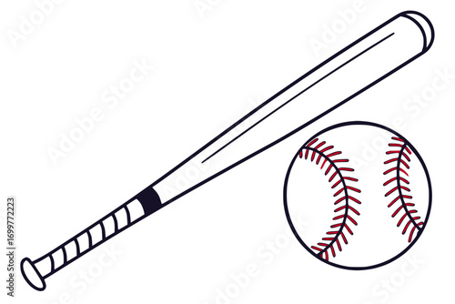 Flat vector of a baseball bat with ball, simple minimal sports design, white background, no text