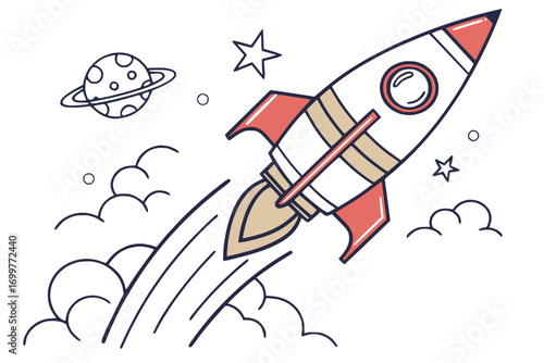 Line art vector of a rocket shaped like a pencil, education and innovation theme, solid color fill, white background