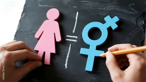 Hands drawing symbols of gender equality on a chalkboard