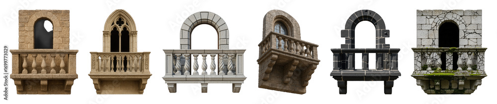 Fototapeta premium Stone architectural balcony and window arch set including gothic, classical, balustrade, and cracked styles isolated. Historical building elements.