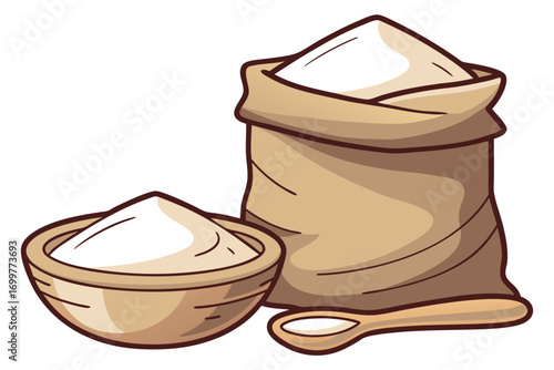 Bag of Flour with Bowl and Wooden Spoon on White Background sack ingredient