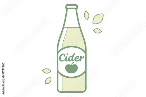 Bottle of Light Yellow Cider with Green Apple and Leaves on White Background drink beverage