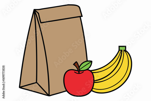 Brown Paper Lunch Bag with Red Apple and Yellow Bananas on White Background paper bag food