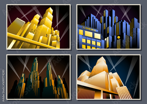 Art Deco Posters Style Illustration Set. Futuristic City, Skyscrapers, Bridges, Spotlights. Vector Templates for Art Deco Placards, Covers, Illustrations