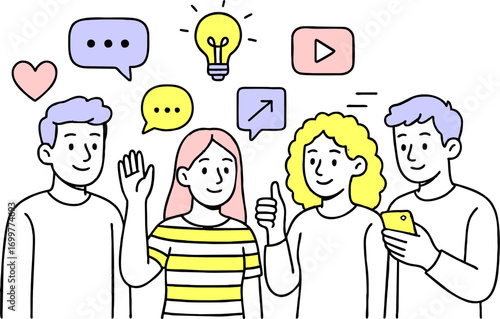 Social media, digital marketing, online communication and networking concept. A set of illustrations of people using mobile gadgets in various activities and internet services.