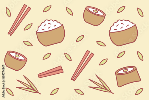 Cute Sushi Rolls Chopsticks and Leaves Pattern on Light Yellow Background maki rice