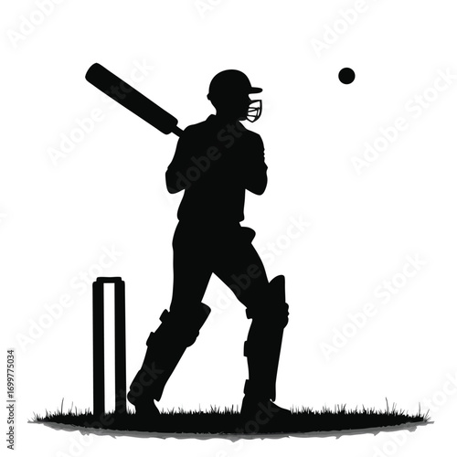 Cricket batsman silhouette in action with bat and ball on white background Keywords: cricket