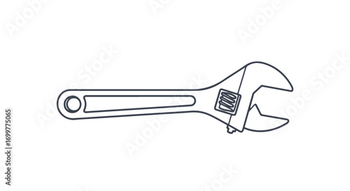 Monochrome line illustration showcasing an adjustable wrench on a clean background, emphasizing tool detail and minimalist aesthetics