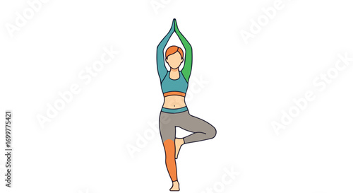 Illustration depicting a woman in tree pose, a balancing asana for fitness and wellness showcasing her dedication to maintaining health through