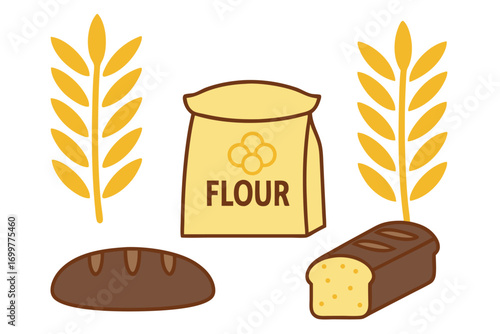 Flour Bag with Bread Loaves and Wheat Stalks on White Background bag of flour loaf of bread