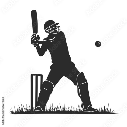 Cricket batsman silhouette preparing to hit ball Keywords: cricket, batsman, silhouette, sport