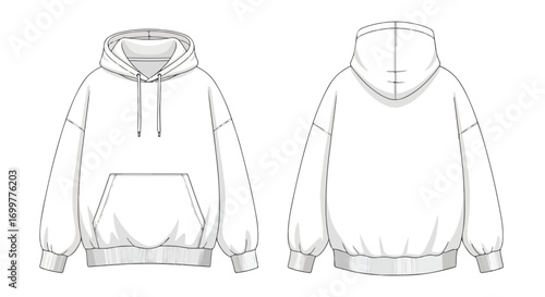 Detailed technical sketch showcasing a casual hooded sweatshirt design with front and back views isolated on a white background