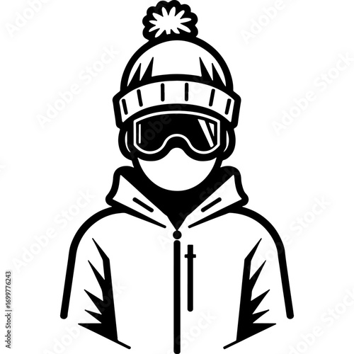 Boy skier dressed in winter clothes and protective mask. Engraving minimalistic vector in black ink drawing on transparent background
