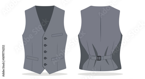 Elegant vector illustration showcasing a sophisticated gray vest design with attention to front and back details of mens fashion attire