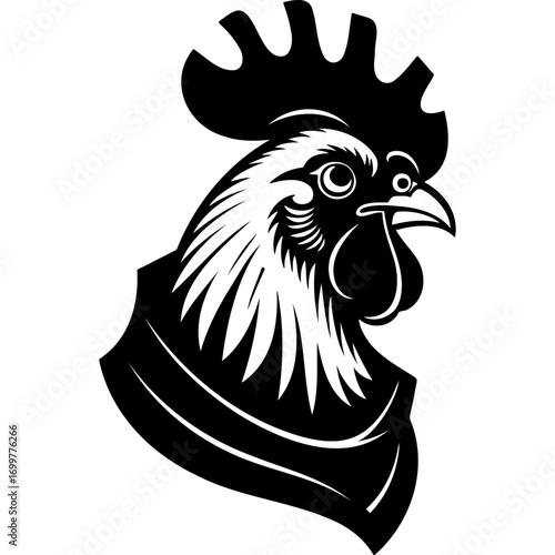 Portrait of domestic rooster dressed in warm scarf and hat, winter clothes. Engraving minimalistic vector in black ink drawing on transparent background