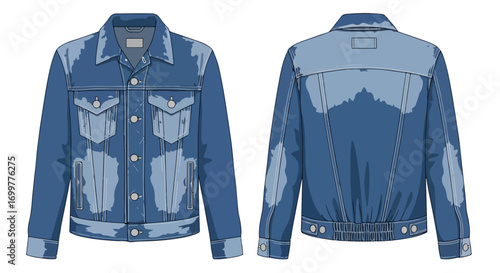 Denim jacket technical drawing showcasing the front and back design features for fashion design and garment production with detailed sketching