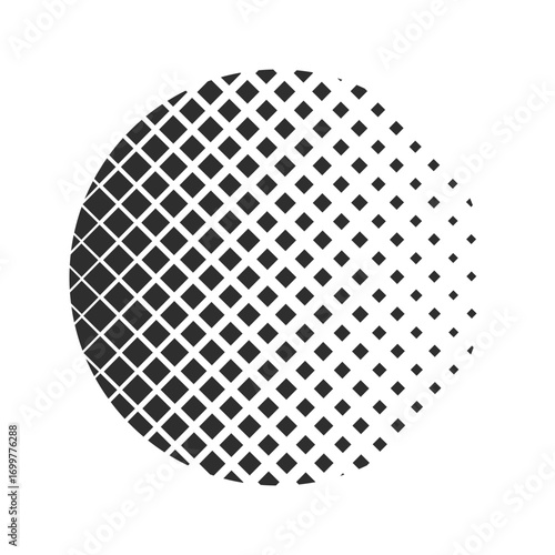 Abstract geometric circle with a dynamic halftone pattern of transitioning squares creating a gradient fade effect on a white background